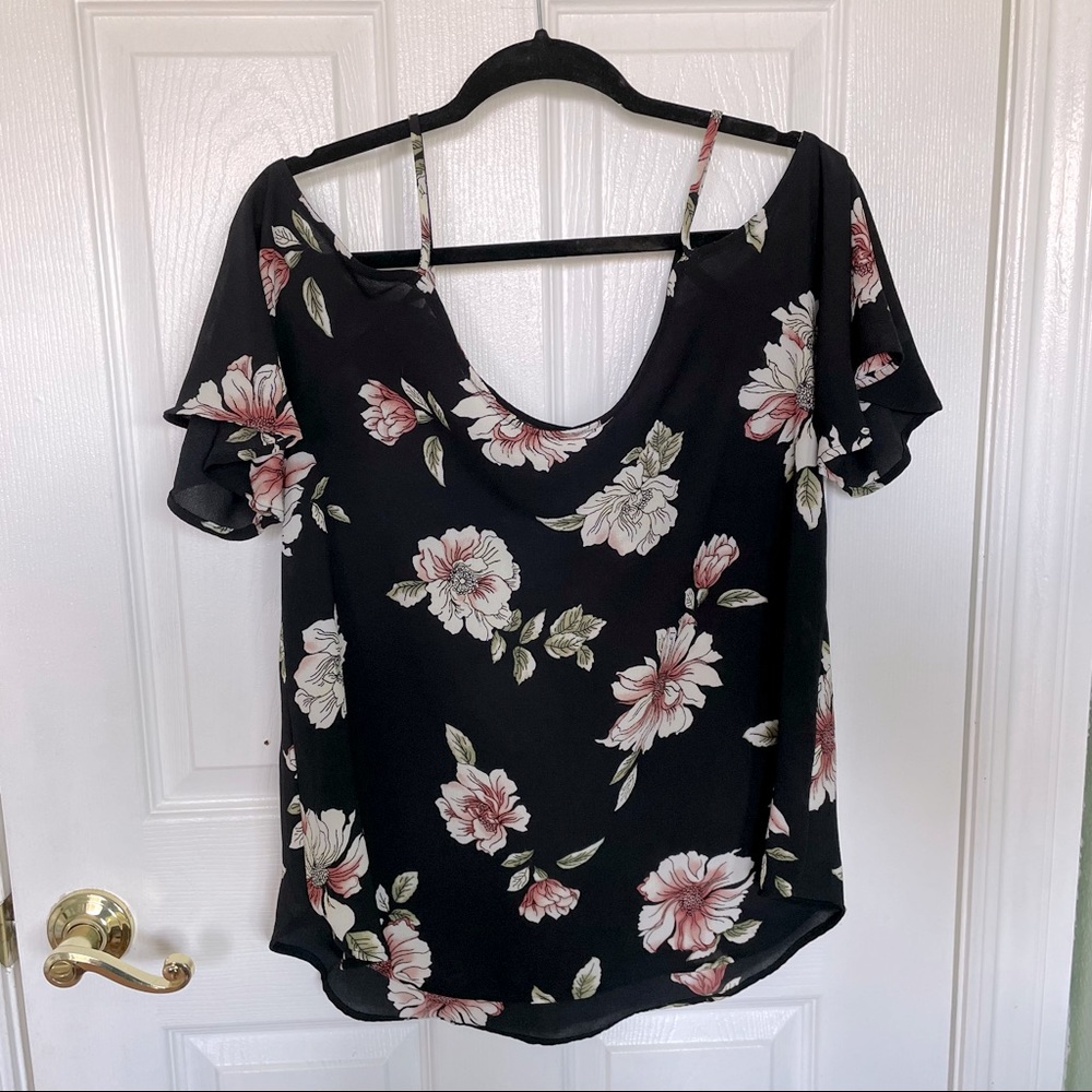 Gorgeous Black Floral Cold Shoulder Blouse with Cross Back Detail